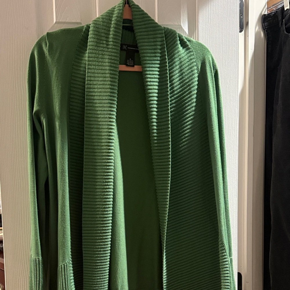INC International Concepts Green Ribbed Shawl Collar Open-Front Cardigan
